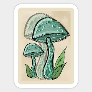 Green Wild Mushroom, Vintage Portrait Style Sticker